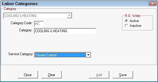 The service category selected on the labor categories window.