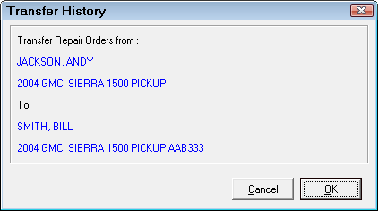 The Transfer History window showing the transfer information.