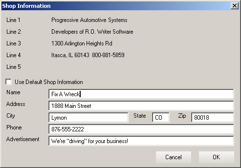 The Shop Information window with the default shop information unchecked.