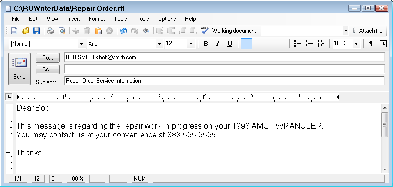 The email in the Advanced Word Processor.
