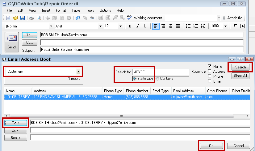 The email address book open over the email, which was opened from an open ticket.