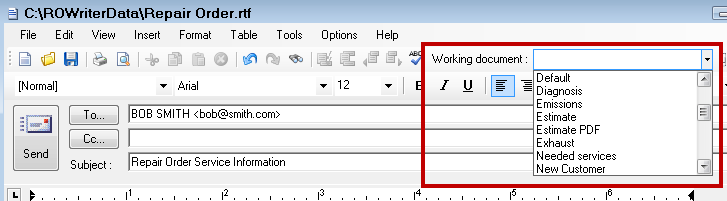 the Working Document dropdown list in the toolbar.