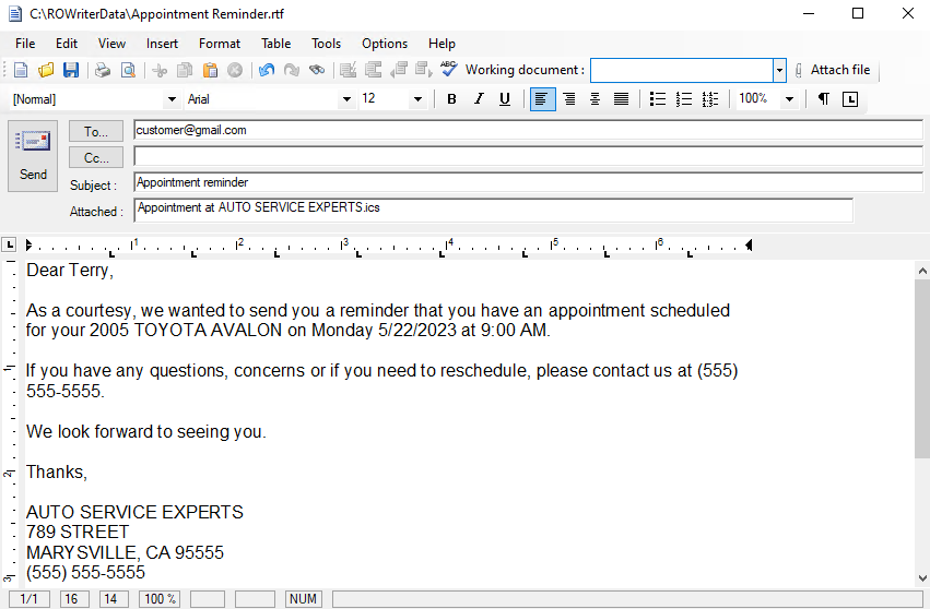 The appointment reminder window.