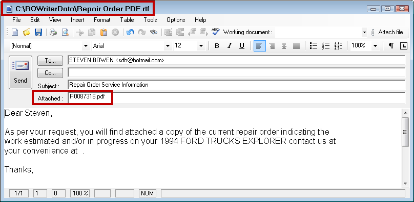 The email window with the title bar circled and the ticket number in the Attached field.