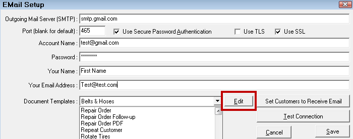 The Email Setup window with the Edit button circled.