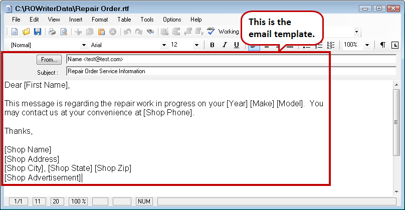 An email template window with the template area circled.