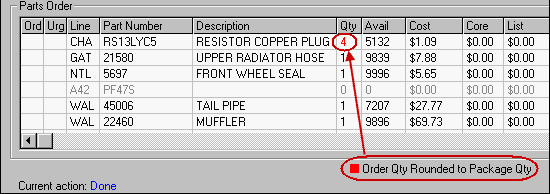 The parts order section showing a part where the order quantity was rounded.