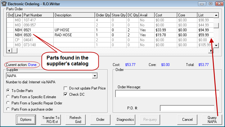 The eOrder window with parts found in the supplier's catalog.