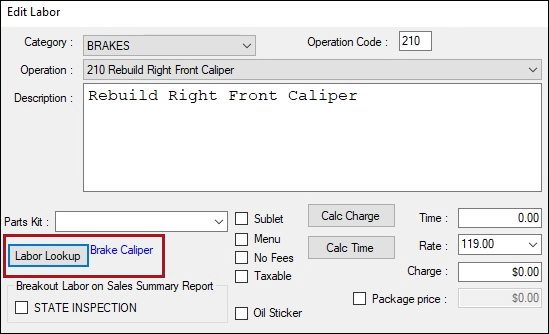 The Edit Labor window with the Labor Lookup button circled.
