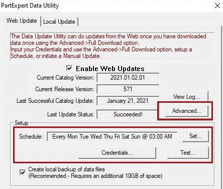 The Part Expert Data Utility window with the Setup section and Advanced button circled.