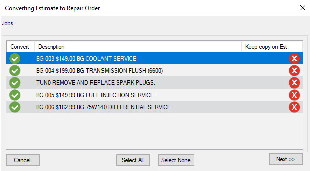 The Convert Estimate to Repair Order window with all items selected for conversion.