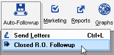 The Closed RO Followup item selected on the dropdown menu from the Auto-Followup toolbar button.