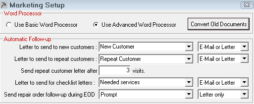The top half of the Marketing Setup window.
