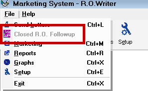 The Closed RO Followup entry disabled on the File menu.