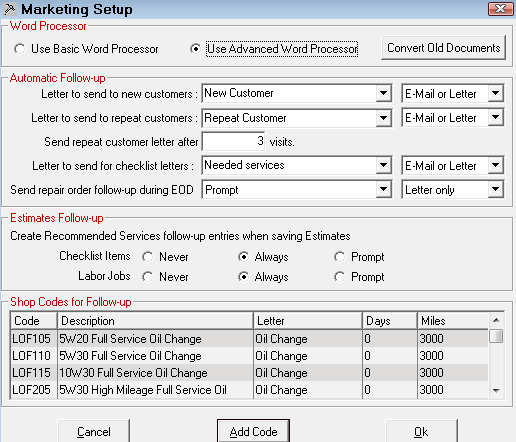 The Marketing Seup window.