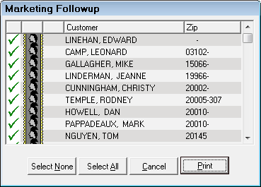 The Marketing Followup window with all customers selected to print.