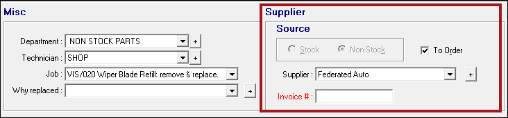 The Supplier section of the Edit Parts window with Federated part not ordered.