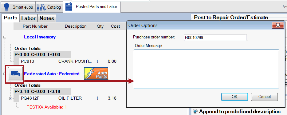 A picture of the truck button pointing to the Order Options window.