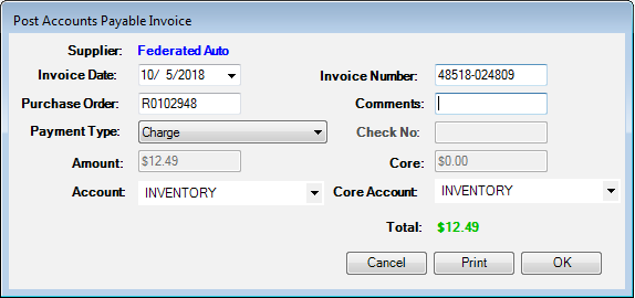 The Federated order on the post to Accounts Payable window.