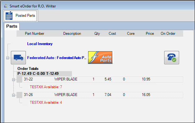 Federated parts on the Parts tab with the availability results displaying.