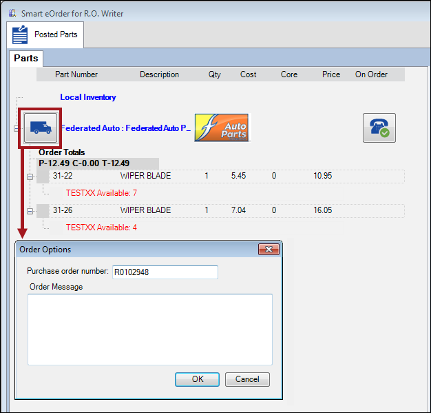 The truck icon pointing to the Order Options window.