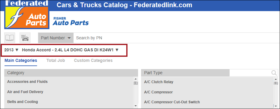 the categories for the vehicle selected.