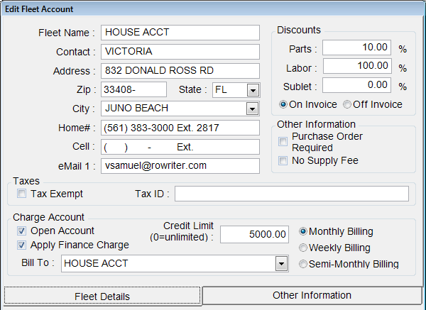 The Fleet Details tab window of the Edit Fleet Account window.
