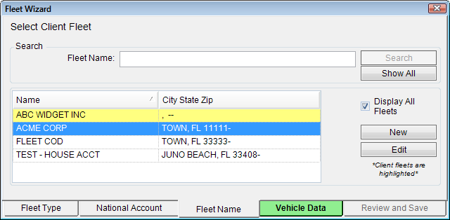 The Fleet name tab with one account highlighted in yellow.