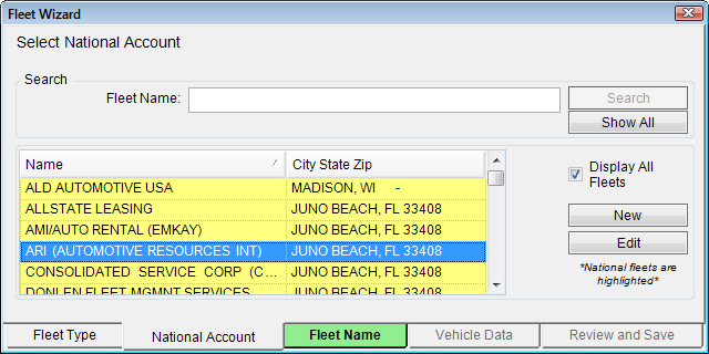 The National Account tab with the list of accounts highlighted in yellow.