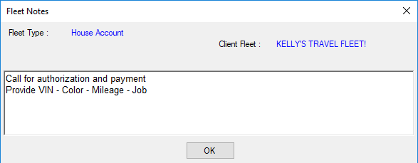 the Fleet Notes window open showing notes for a house account.