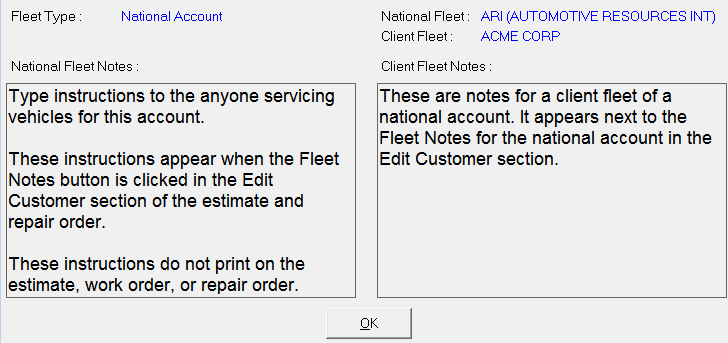 the Fleet Notes window open showing notes for both national and client accounts.