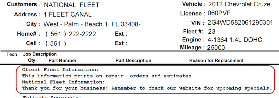 Fleet information for both client and national fleet accounts on a print ticket.