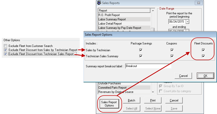 The exclude options selected pointing to the Sales Report Options where you can choose what to do with Fleet Discounts.
