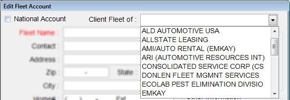The Client Fleet of dropdown list expanded on the Edit Fleet Account window.
