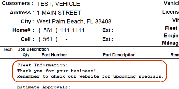 Fleet information on a print ticket.