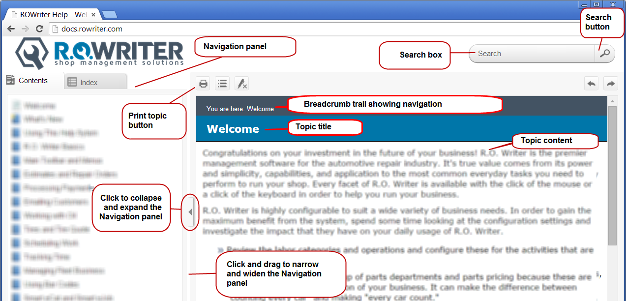 The help window with the labels pointing to the navigation panel, the search box, topic title, topic content, breadcrumb trail, arrow to close the navigation bar, and divider.