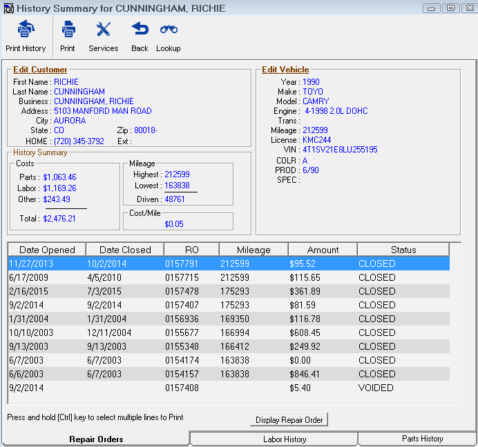 The Repair Order tab of the History Summary.