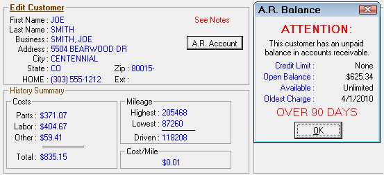 The AR Balance window opened from the AR Account button in the customer section.