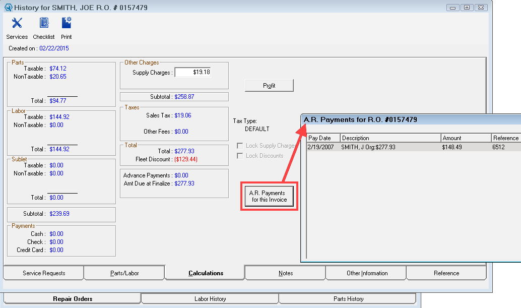 the AR Payments for This Invoice button pointing to the list of AR Payments.