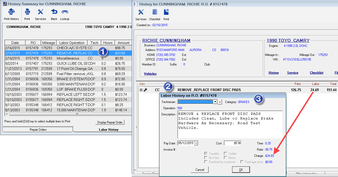 The History Summary, repair order, and Labor History windows with numbers 1, 2, and 3 over the steps described above.