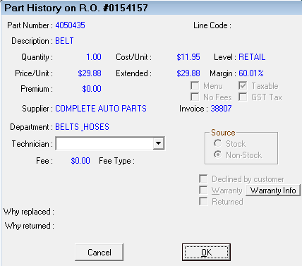 The Part History tab.