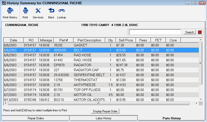 The Parts History Tab.