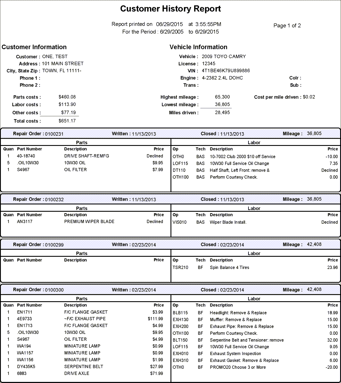 Page 1 of the Customer History Report.