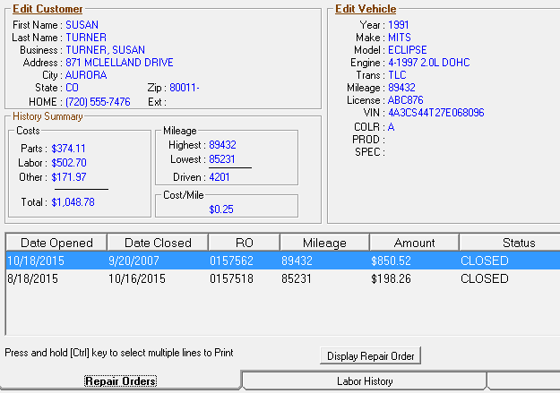 The Repair Orders tab.