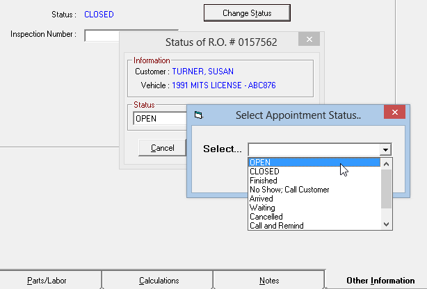Changing the status on the Other Information tab.
