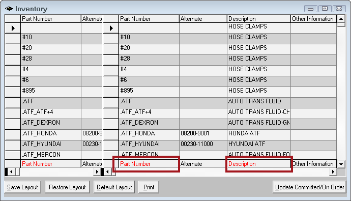 Selected column appearing in red along the bottom of the Browse window.