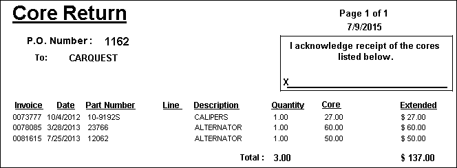 The Core Return receipt.