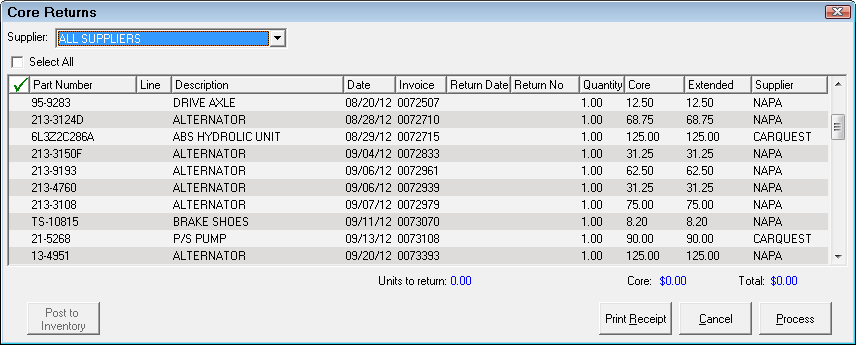 The Core Returns window for all suppliers.