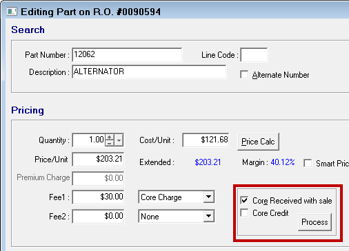 The Editing Part window with the core area active and the Process button visible.