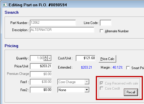 The Editing Part window with the core area grayed out and the Recall button active.
